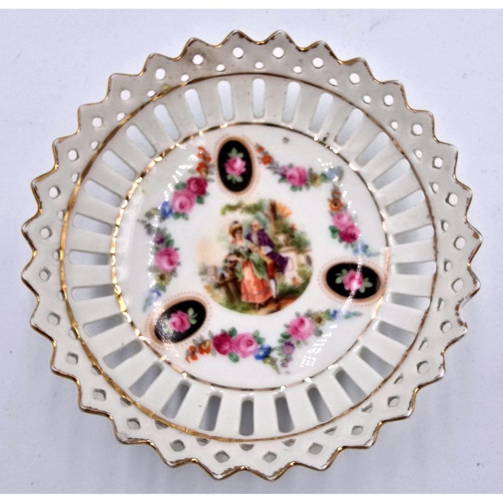 Vintage Bavaria‎ Reticulated Porcelain Dish Bowl Couple Pink Floral 3 7/8"